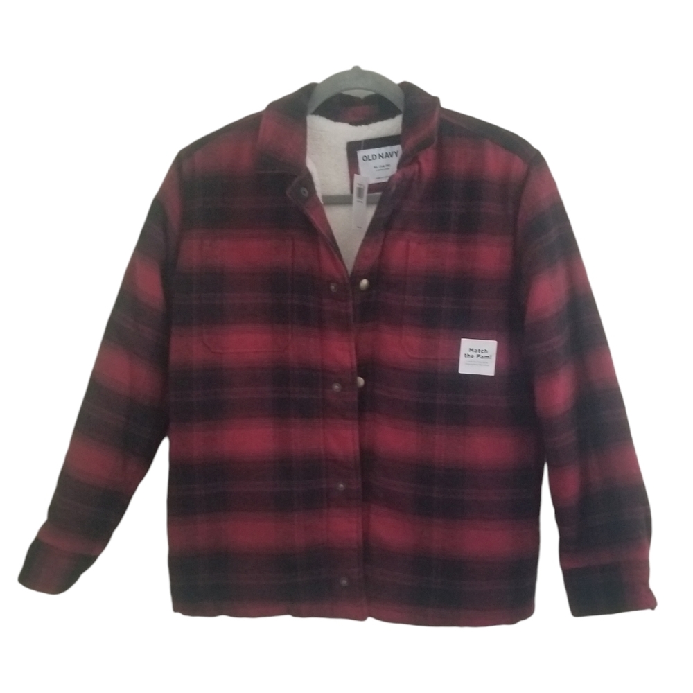 NWT Old Navy Boy's Plaid Flannel Sherpa Lined Jacket Red Buffalo Plaid X…